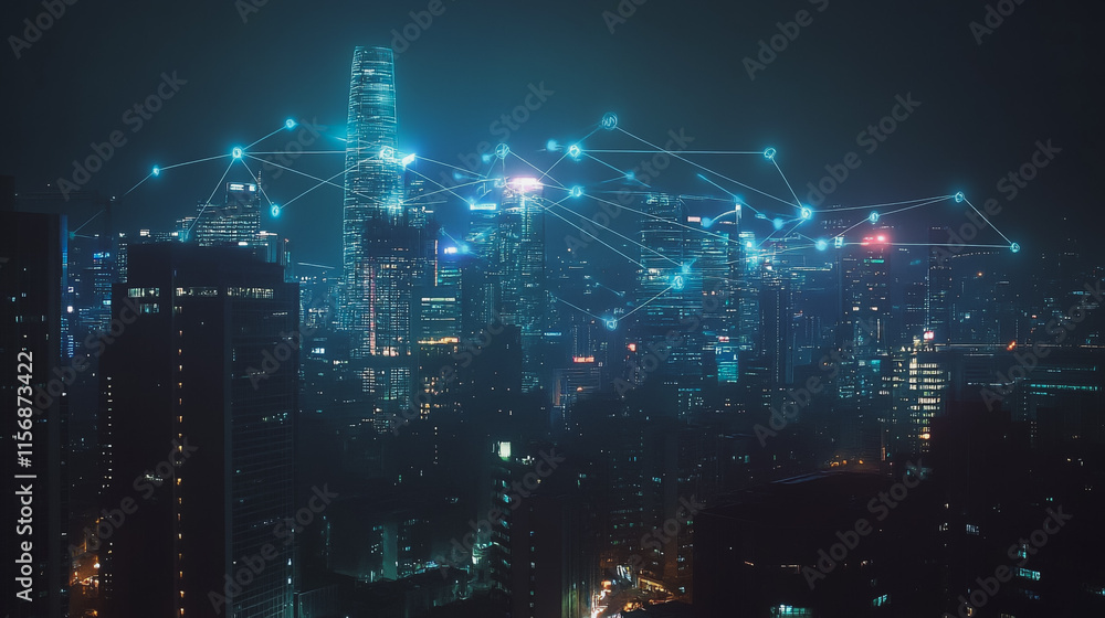 Smart digital Innovation city with connection network reciprocity over the cityscape. of future smart wireless digital city and social media networking systems that connects people with in city Smart digital Innovation city with connection network reciprocity over the cityscape. of future smart wireless digital city and social media networking systems that connects people with in city