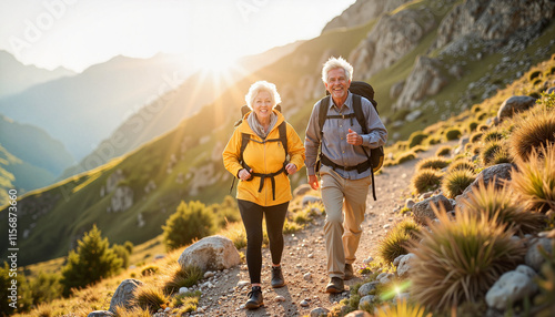 Active seniors hiking a sunlit mountain trail.