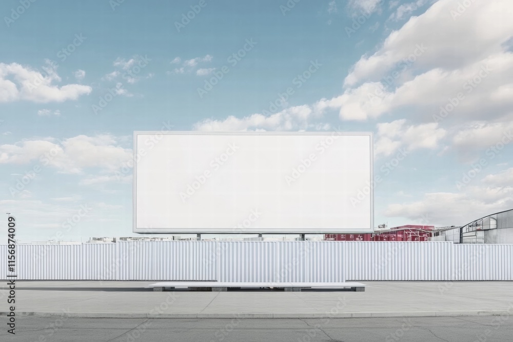 Blank Billboard Mockup: A large, blank billboard stands tall against a backdrop of a clear blue sky and white clouds, offering a prime canvas for your advertising message. Blank Billboard Mockup: A large, blank billboard stands tall against a backdrop of a clear blue sky and white clouds, offering a prime canvas for your advertising message.