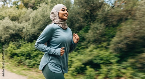 Determined young middle eastern woman jogging outdoors in nature for fitness motivation