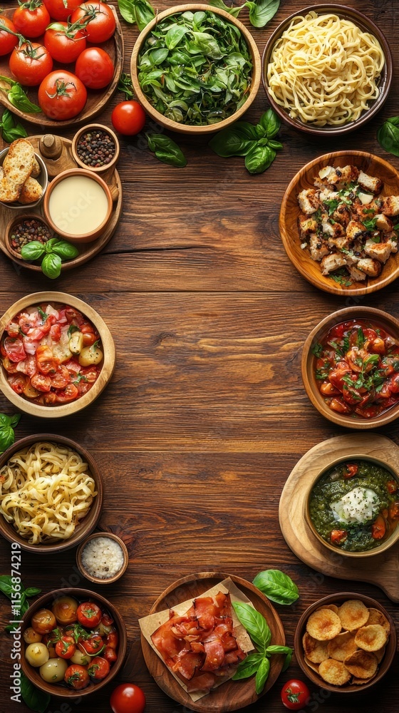 Vibrant Array of Various Delicious Foods on a Rustic Wooden Table Vibrant Array of Various Delicious Foods on a Rustic Wooden Table