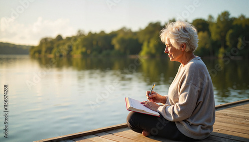 Senior woman journaling on a lakeside dock in the morning