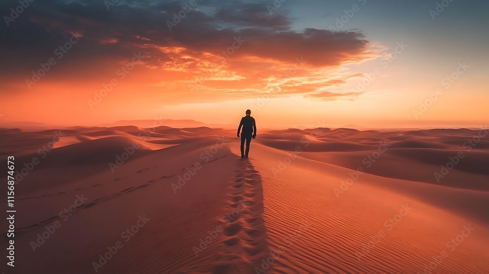 Stunning Wide Shot Photo: Lone Figure Walks Silently Across Dramatic Desert Sunset. AI Generated Stunning Wide Shot Photo: Lone Figure Walks Silently Across Dramatic Desert Sunset. AI Generated