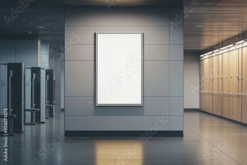 Blank Billboard Mockup in Modern Locker Room:  A sleek, vertical billboard mockup in a contemporary locker room setting, perfect for showcasing your designs.  The image offers a clean. photo