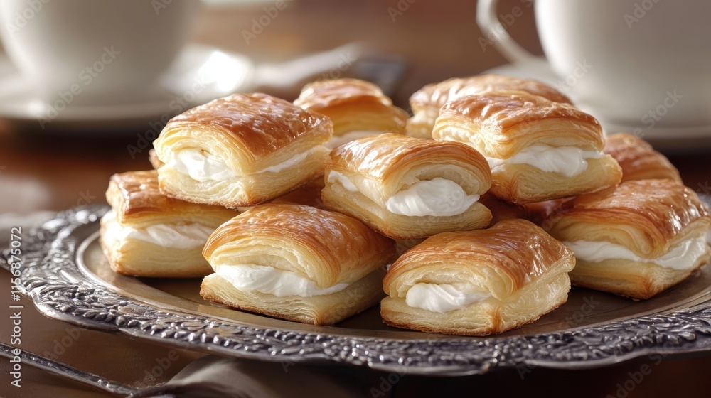 Freshly Baked Cream Pastries on Elegant Silver Platter Freshly Baked Cream Pastries on Elegant Silver Platter