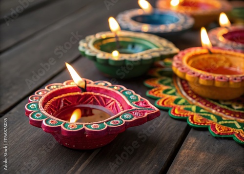 Colorful Clay Diya Lamps on Table, Happy Diwali Festival of Lights Celebration photo