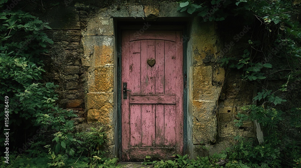 Pink Wooden Door in Old Stone Wall: A Rustic Scene Pink Wooden Door in Old Stone Wall: A Rustic Scene