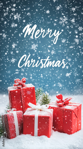 Christmas backdrop with snowy ground, gifts, and white 