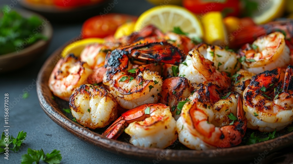 A tantalizing display of chargrilled shrimp topped with fresh herbs, served on a rustic platter, evoking flavors of the sea and the warmth of summer evenings. A tantalizing display of chargrilled shrimp topped with fresh herbs, served on a rustic platter, evoking flavors of the sea and the warmth of summer evenings.