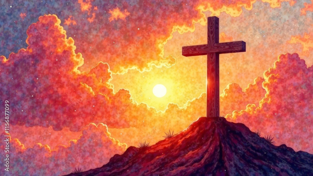 Obraz premium Illustration of a wooden cross on top of a mountain at sunrise.
