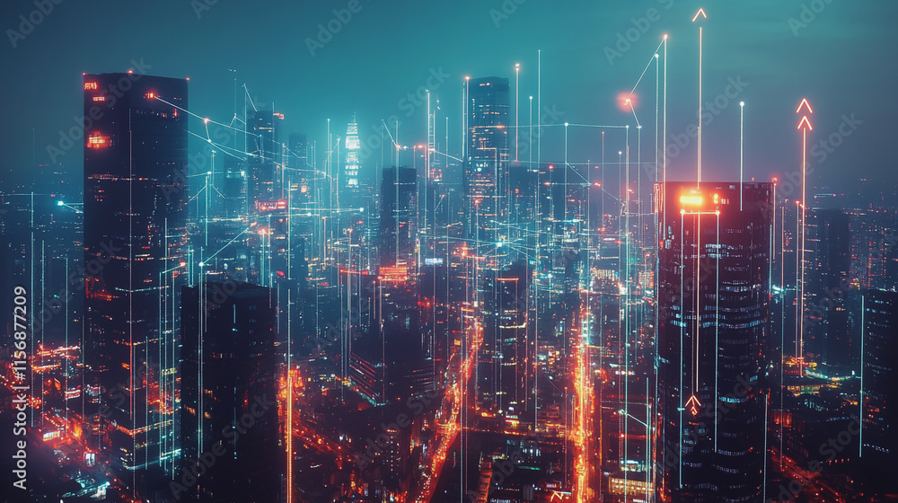 Obraz premium Smart digital Innovation city with connection network reciprocity over the cityscape. of future smart wireless digital city and social media networking systems that connects people with in city