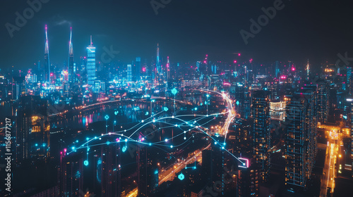 Wallpaper Mural Smart digital Innovation city with connection network reciprocity over the cityscape. of future smart wireless digital city and social media networking systems that connects people with in city Torontodigital.ca