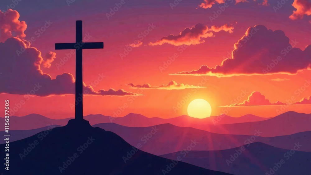 Obraz premium Illustration of a wooden cross on top of a mountain at sunrise.