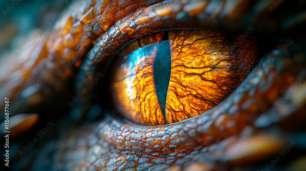 Naklejka premium Realistic colorful eye of evil dinosaur beast. Predator vision.
