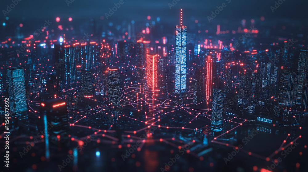 Fototapeta premium Smart digital Innovation city with connection network reciprocity over the cityscape. of future smart wireless digital city and social media networking systems that connects people with in city