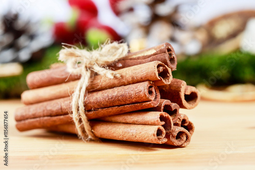 Brown cinnamon sticks on the table.
