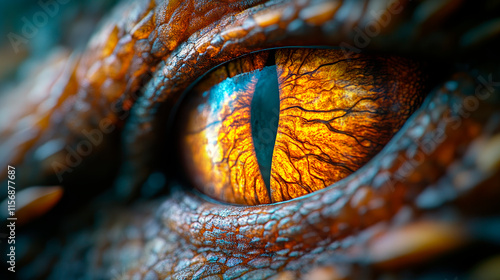 Fototapeta Naklejka Na Ścianę i Meble -  Realistic colorful eye of evil dinosaur beast. Predator vision.