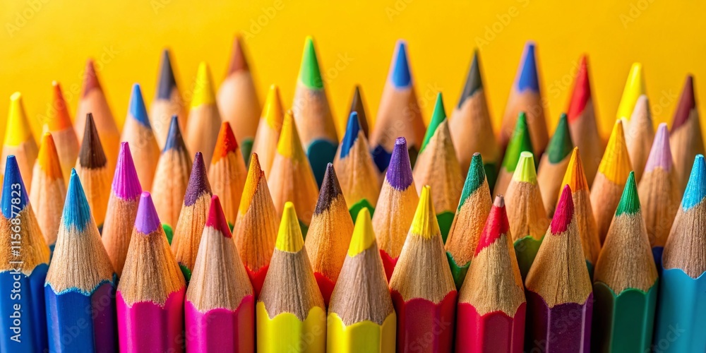 Colorful Pencils Arranged on Vibrant Yellow Background - Creative Stationery Stock Photo Colorful Pencils Arranged on Vibrant Yellow Background - Creative Stationery Stock Photo