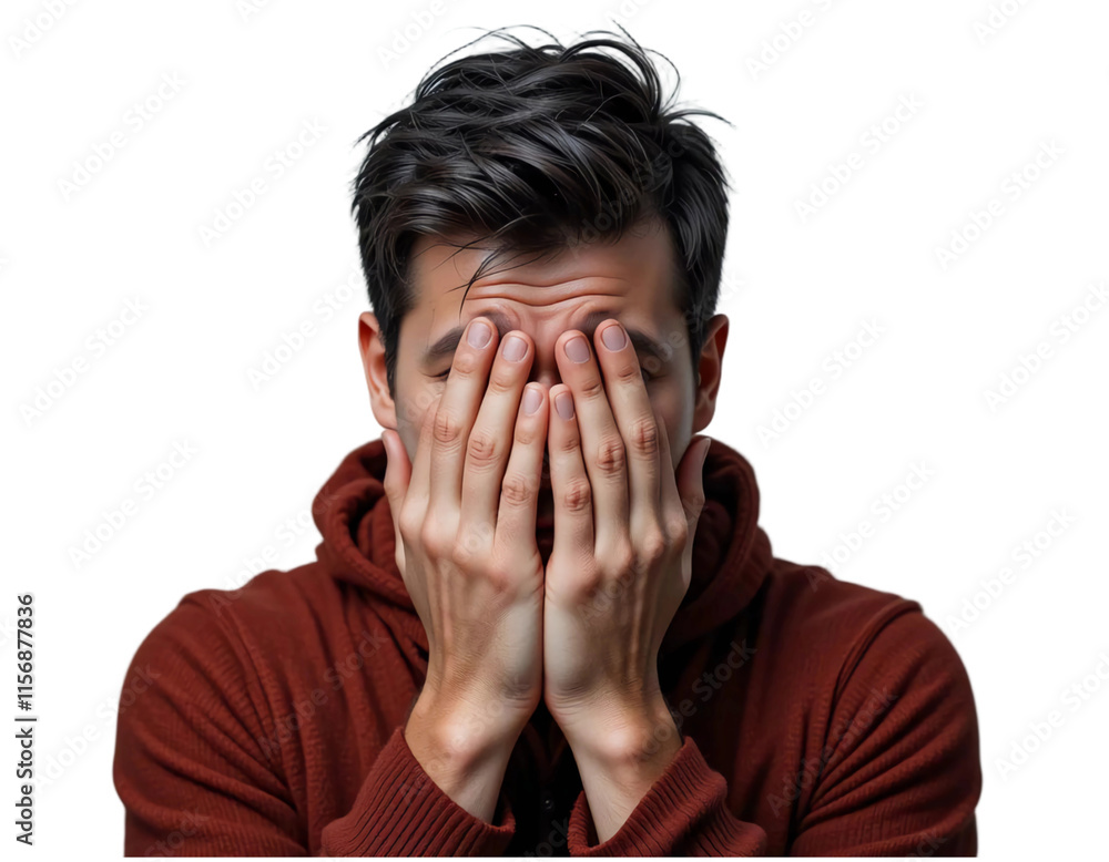 Sad expression concept. Man covering his face with both hands as sign of sadness. Suitable for marketing or business purposes. PNG file