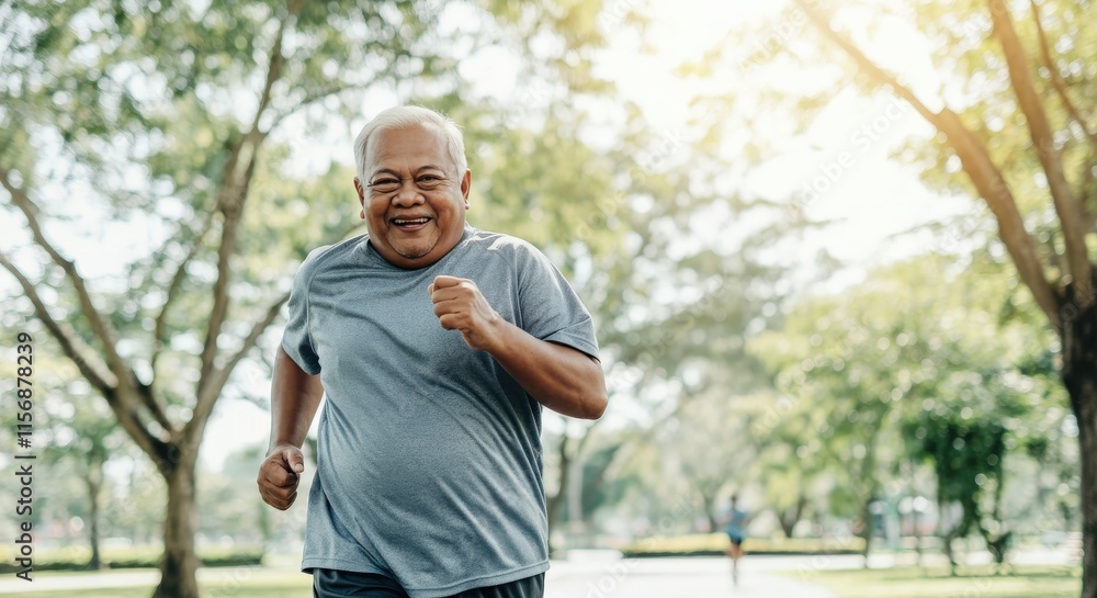 Senior asian male engaged in outdoor fitness running in park amidst lush greenery and sunlight Senior asian male engaged in outdoor fitness running in park amidst lush greenery and sunlight