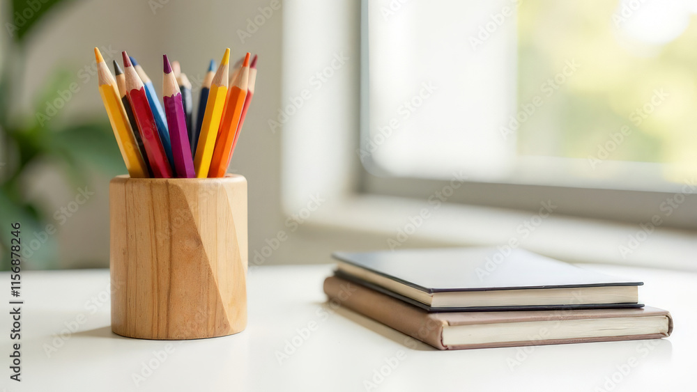 Colored pencil stand with books on white table. Colored pencil stand with books on white table.