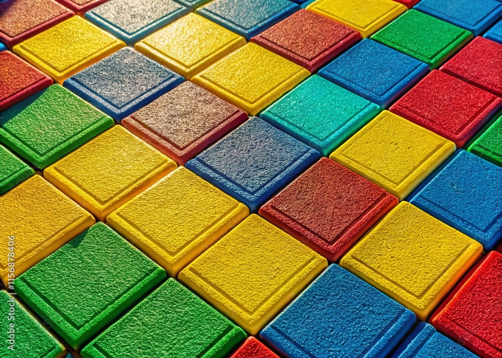 Colorful Rubber Playground Tiles: Aerial Close-up View of Interlocking Square Paving Slabs Colorful Rubber Playground Tiles: Aerial Close-up View of Interlocking Square Paving Slabs
