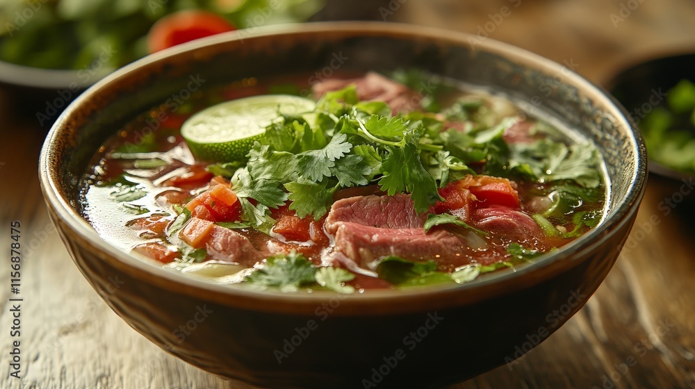 Vietnamese Pho Soup with Herbs and Lime Garnish Vietnamese Pho Soup with Herbs and Lime Garnish