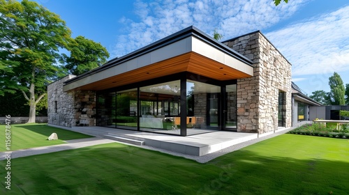 Modern Stone House with Large Windows and Green Landscape