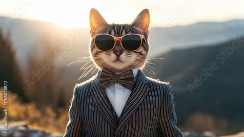 Cat Wearing Suit, Bow Tie, and Sunglasses Reflecting Outdoor Mountain Landscape. Generative AI photo