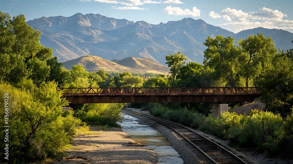 Fototapeta premium Rustic Bridge Tranquilly Spanning Mountain River: Wide Shot Photo. AI Generated