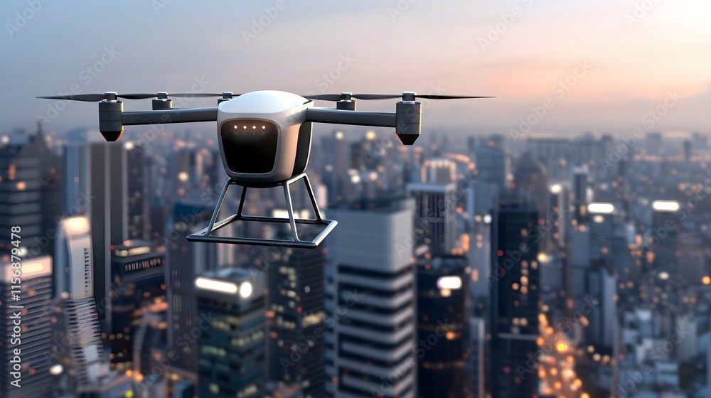 Drone Flying Over a City Skyline During Sunset with Urban Background Drone Flying Over a City Skyline During Sunset with Urban Background