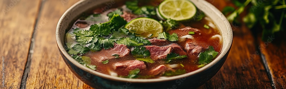 Vietnamese Pho Soup with Herbs and Lime Garnish Vietnamese Pho Soup with Herbs and Lime Garnish