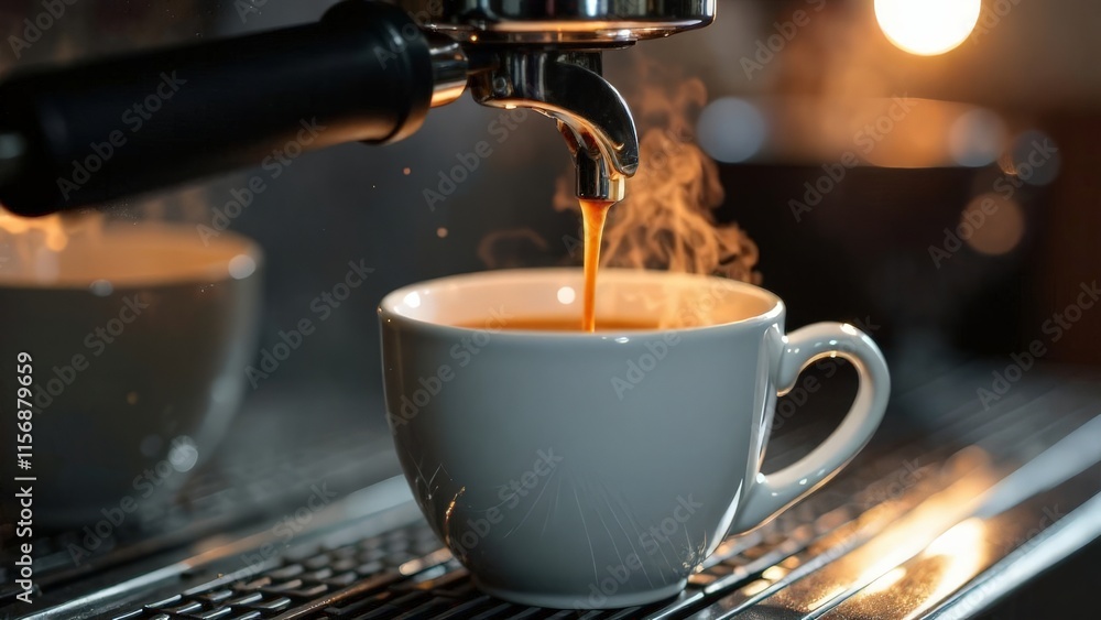 Fresh coffee with steam is poured from the coffee machine into a cup. Fresh coffee with steam is poured from the coffee machine into a cup.