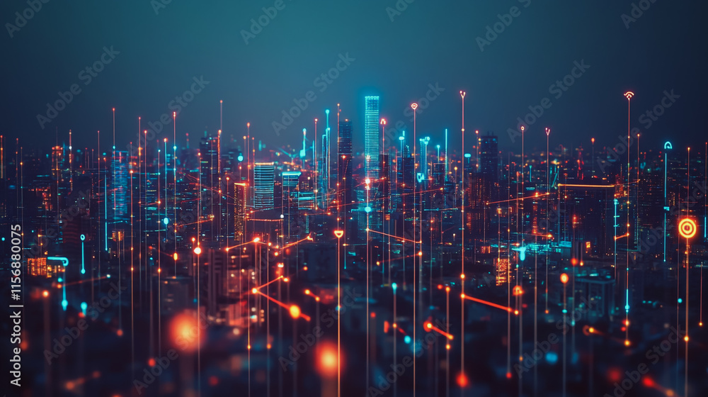 Smart digital Innovation city with connection network reciprocity over the cityscape. of future smart wireless digital city and social media networking systems that connects people with in city Smart digital Innovation city with connection network reciprocity over the cityscape. of future smart wireless digital city and social media networking systems that connects people with in city