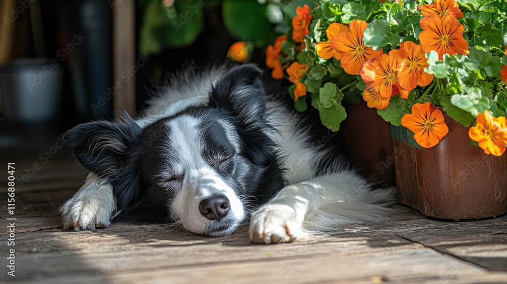Obraz premium Peaceful Dog Amidst Vibrant Flowers