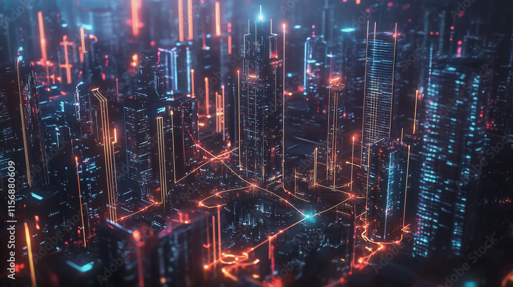 Smart digital Innovation city with connection network reciprocity over the cityscape. of future smart wireless digital city and social media networking systems that connects people with in city Smart digital Innovation city with connection network reciprocity over the cityscape. of future smart wireless digital city and social media networking systems that connects people with in city