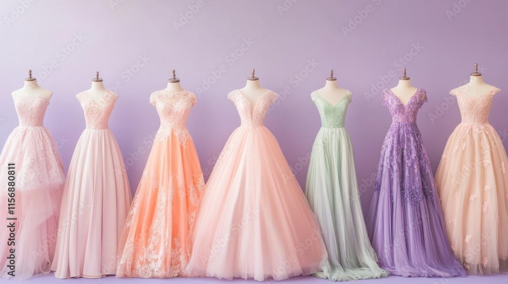 Elegant Gowns Displayed on Mannequins in Soft Pastel Colors Elegant Gowns Displayed on Mannequins in Soft Pastel Colors