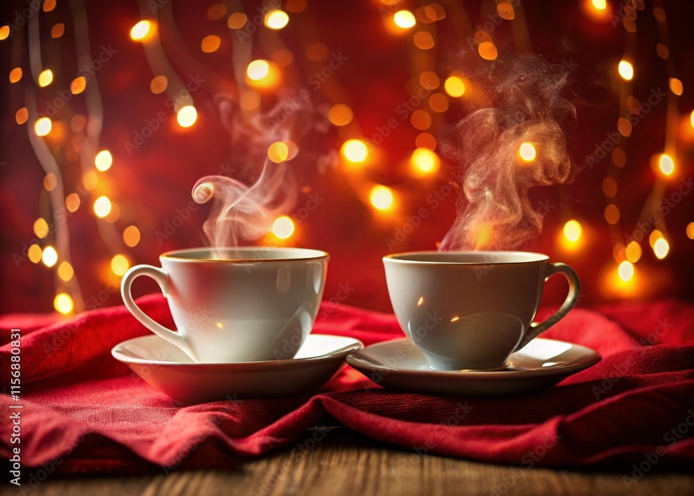 Fototapeta premium Cozy Christmas Tea Cups: Red Fabric Festive Greeting Card