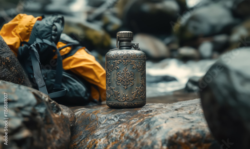 A vintage metal flask with intricate engravings rests on a smooth rock. A yellow hiking backpack lies nearby. The background features a softly blurred mountain river and forested landscape. photo