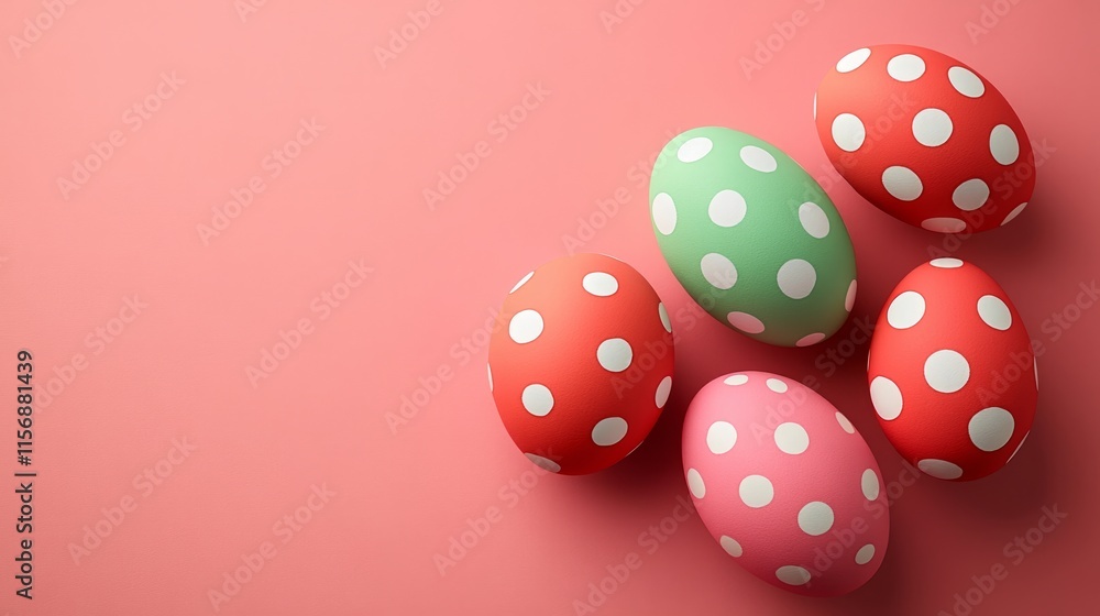 A collection of five Easter eggs decorated with polka dots set against a pastel surface, representing the traditions and creative joys of Easter celebrations. A collection of five Easter eggs decorated with polka dots set against a pastel surface, representing the traditions and creative joys of Easter celebrations.