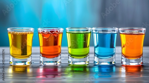 Colorful Shot Glasses with Vibrant Liquid Arranged on Table photo