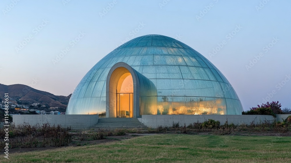 Modern glass dome structure at dusk. Modern glass dome structure at dusk.