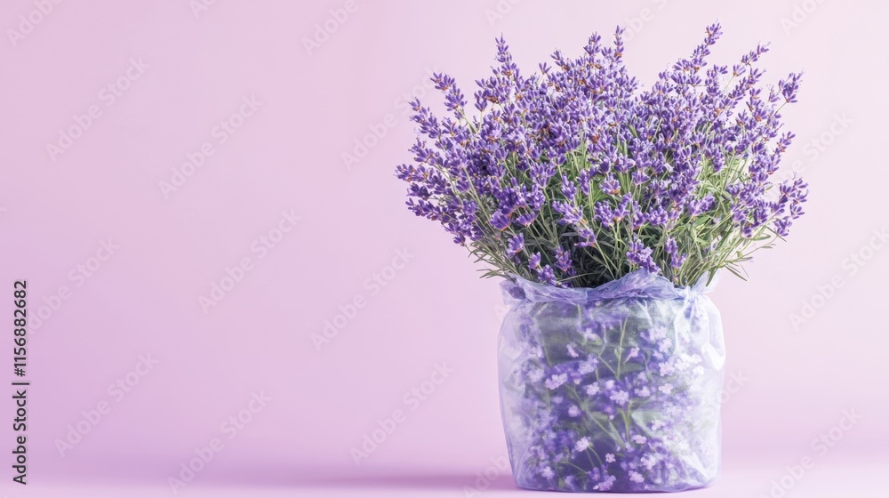 Obraz premium Beautiful Lavender Bouquet in Clear Vase on Soft Pink Background
