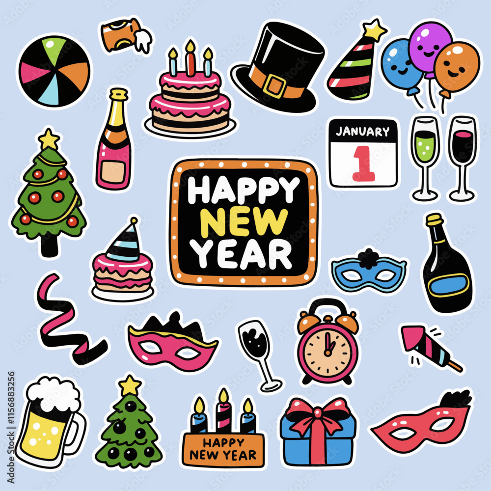 Happy New Year Party Doodle Clipart Set Vector Illustrations Greeting Cards Decoration Happy New Year Party Doodle Clipart Set Vector Illustrations Greeting Cards Decoration