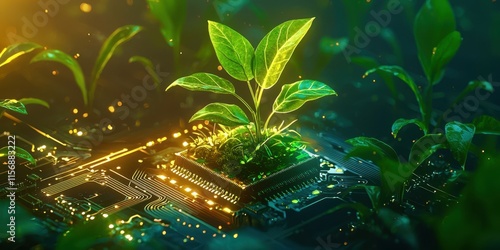 Green plant is growing on top of a computer chip