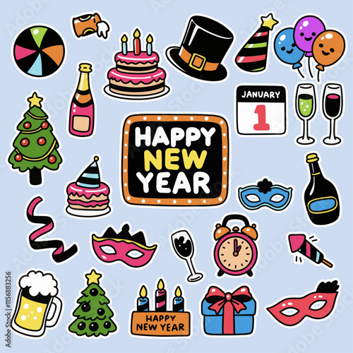 Happy New Year Party Doodle Clipart Set Vector Illustrations Greeting Cards Decoration