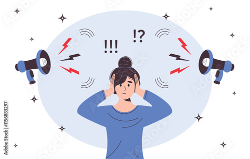 Female character plugs ears hands. Lots information around. Noisy news background. Woman covered ears her hands. Lots different information. Emotional stress. Vector illustration on white background.