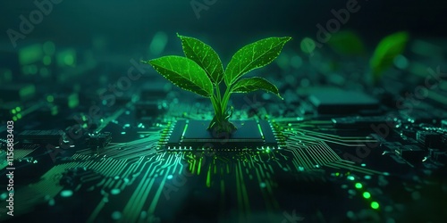 Green leaf is on top of a computer chip