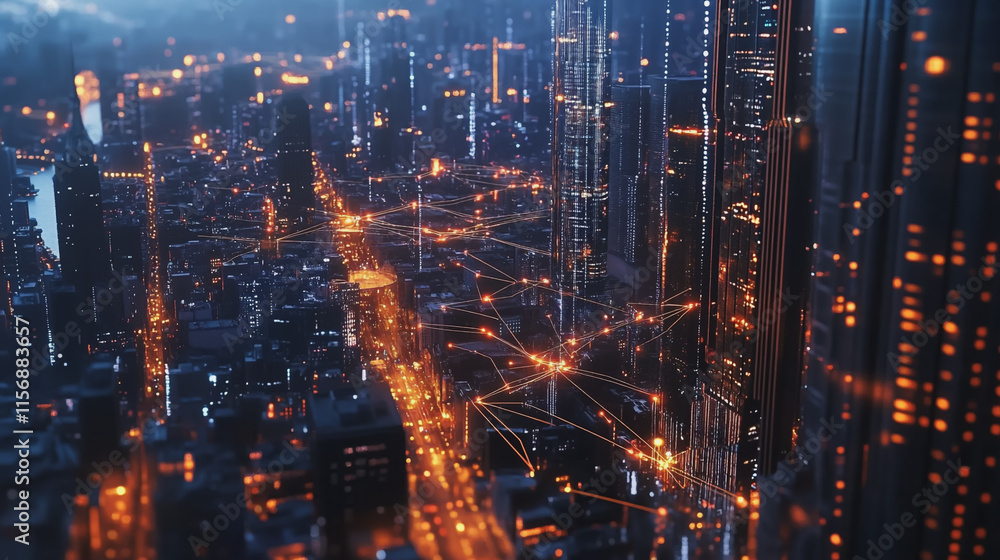 Smart digital Innovation city with connection network reciprocity over the cityscape. of future smart wireless digital city and social media networking systems that connects people with in city Smart digital Innovation city with connection network reciprocity over the cityscape. of future smart wireless digital city and social media networking systems that connects people with in city