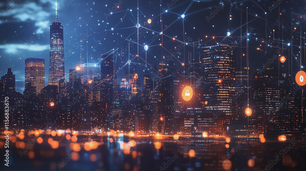 Fototapeta premium Smart digital Innovation city with connection network reciprocity over the cityscape. of future smart wireless digital city and social media networking systems that connects people with in city